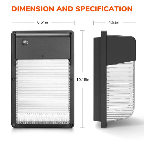 Dimensions of Outdoor Dusk To Dawn LED Wall Pack Light With Photocell 28W Equivalent To 150 To 250W 3000 Lumens 5000K