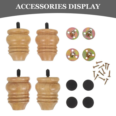 Gourd Shaped Turned Wood Furniture Legs Set 4 Pack Rubberwood Natural Finish 8 Cm Height Replacement Feet for Ottomans Cabinets Tables
