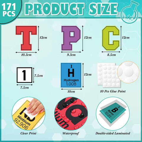 171 Piece Science Bulletin Board Set For Chemistry Periodic Table Posters And Classroom Decor With 171 Cutouts And Glue Points Perfect For Back To School Walls And Teacher Supplies, showing product size dimensions.