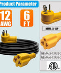 Heavy Duty 6 Foot 12AWG Power Cord Adapter Cable Converts 15A To 20A 125V Socket shown with NEMA 5-15P and 5-20R ends.