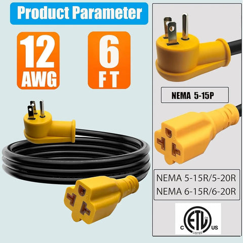 Heavy Duty 6 Foot 12AWG Power Cord Adapter Cable Converts 15A To 20A 125V Socket shown with NEMA 5-15P and 5-20R ends.