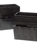 Straight Up Durable Black Plastic Storage Container With Secure Attached Lid Measuring Twenty One Inches Long By Fifteen Wide And Nine Tall Built Tough From Recycled Materials For Garage Organization And Daily Hauls, stacked storage bins.