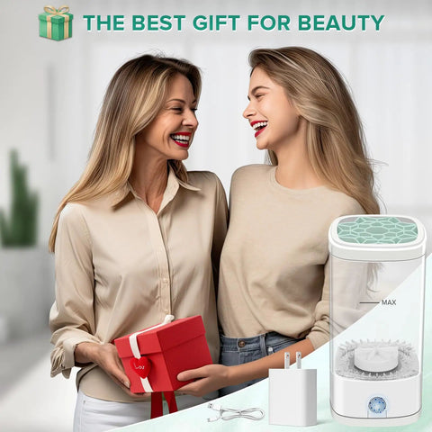 Two women smiling with a gift box and Automatic Makeup Brush Cleaner Machine With Dryer Holder Portable Multi Function Tool displayed.