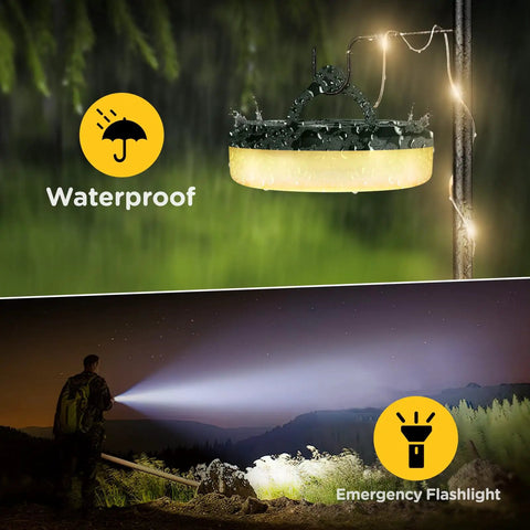 Camping String Lights 32.8 Ft Rechargeable 4 In 1 Quick Storage Tent Lights with 8 Modes in forest and flashlight use