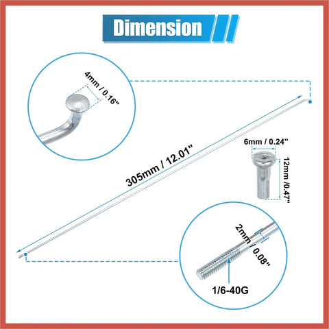 Diagram showing dimensions of 14G J Bend Galvanized Bike Spokes 305mm 12 Inch With Brass Nipples 36 Piece Replacement Kit