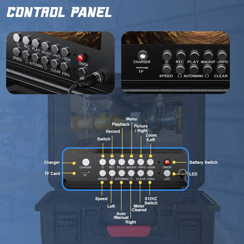 Control panel of Badass Heavy Duty 9 Inch Sewer Inspection Camera showing buttons for playback, record, and settings.