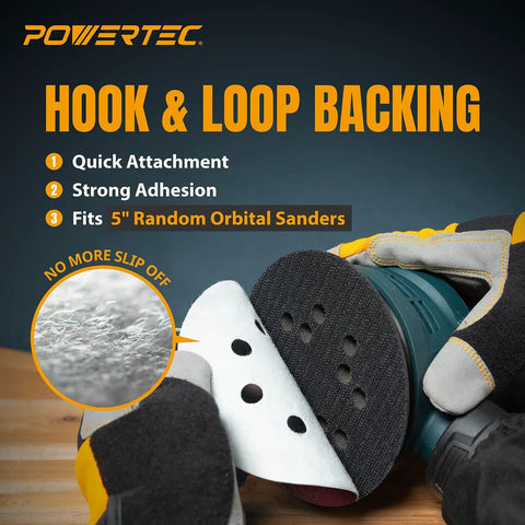 User demonstrating 40 Grit 5 Inch Sanding Discs Set 25 Pack Hook And Loop 8 Hole Aluminum Oxide Discs attached to sander