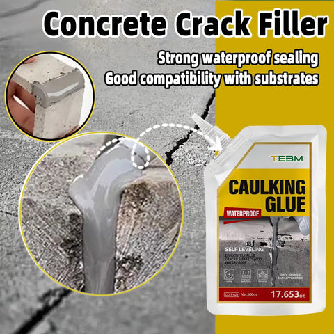 Slick Repair Self Leveling Concrete Crack Filler And Cement Patch Mix For Driveways Patios applied to crack with caulking glue.
