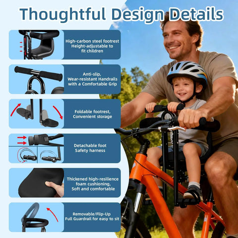 Front Mounted Child Bike Seat For Adult Mountain Bikes With Full Guardrail And Foot Pedals And Removable Foot Straps Adjustable Height For Kids 1 To 5 Years Up To 55 Lbs Easy Install detail