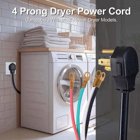 Heavy Duty 4 Prong Dryer Power Cord 30 Amp 5 Feet With Ring Terminal Connectors In Four Colors Pure Copper Wire connected to dryer