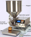 No Fuss Paste Filling Machine With Digital Display And Foot Switch Plug And Play Setup Smooth Operation Built Tough For Small Business Creams Honey And Jam, showing parts like hopper and control panel.
