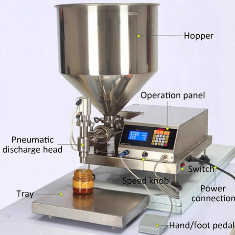 No Fuss Paste Filling Machine With Digital Display And Foot Switch Plug And Play Setup Smooth Operation Built Tough For Small Business Creams Honey And Jam, showing parts like hopper and control panel.