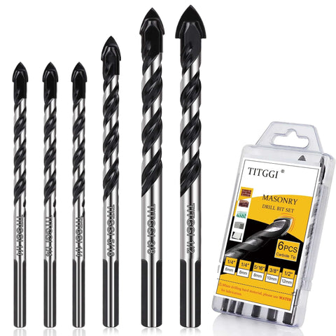 TITGGI 6pc masonry drill bit set with carbide tips, 1/4–1/2 in, front view with case