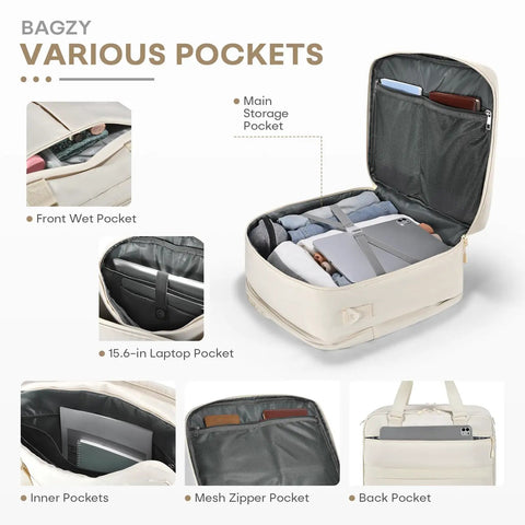 Underseat Personal Item Travel Bag For Airplanes Lightweight Weekender Duffle With A 15.6 Inch Laptop Compartment Beige pockets