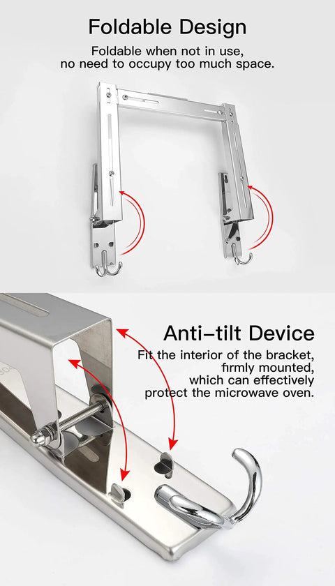 Stainless Steel Microwave Wall Mount Bracket With Telescopic Arm And Fixing Kit, foldable design and anti-tilt device