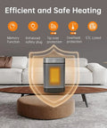 Portable Electric Space Heater With Remote Digital Display 12 Hour Timer 1500W PTC Ceramic Quick Heat For Bedroom Office Home Cozy Up Warmth Safe Overheat Protection Easy To Use, shown on a coffee table with safety icons.