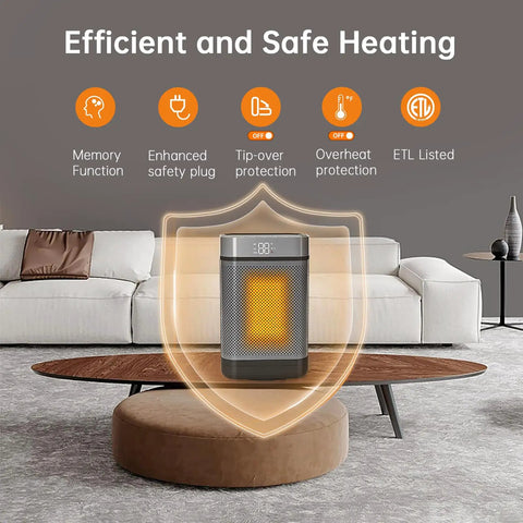 Portable Electric Space Heater With Remote Digital Display 12 Hour Timer 1500W PTC Ceramic Quick Heat For Bedroom Office Home Cozy Up Warmth Safe Overheat Protection Easy To Use, shown on a coffee table with safety icons.