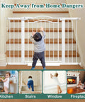 Ultra Wide Indoor Baby Gate For Kids And Pets 54 To 57 Inch Walk Through Safety Gate installed on stairs with child reaching up