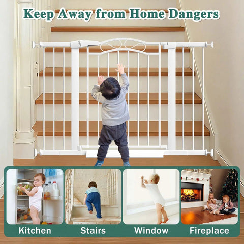 Extra Wide Walk Through Baby Gate For Doorways And Open Spaces Adjustable 76 To 79 Inches Kid And Pet Safe pictured on stairs