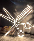 Neon sign of scissors and comb with warm white glow for Pickup Here Neon Sign With Adjustable Brightness Warm White Glow For Bar Office Shop Window Decor 20 Inch Hanging Chain Included Perfect For Parties Hotels Salons