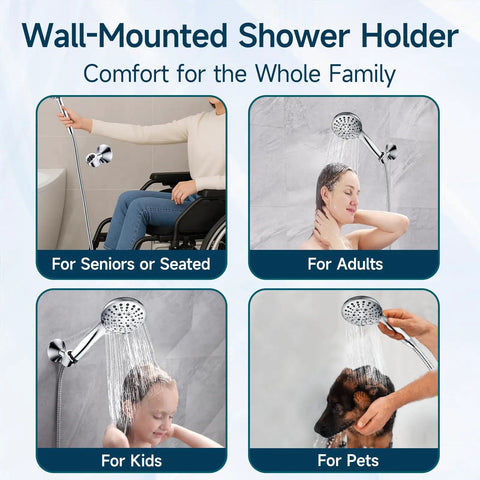 Handheld Shower Head Holder With Dual Angle Positions And Strong Wall Suction Bracket Includes Adhesive 3M Disc No Tools Required Easy Install Chrome Finish shown for various uses