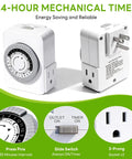 24 Hour Mechanical Outlet Timer With Dual Grounded Receptacles For Indoor Use, white, two-sided view, heavy duty 3 prong plug.