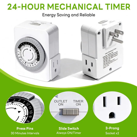 24 Hour Mechanical Outlet Timer With Dual Grounded Receptacles For Indoor Use, white, two-sided view, heavy duty 3 prong plug.