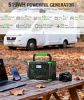Portable Power Station 519Wh Solar Generator With 500W Continuous Power and 1000W Peak Dual 110V AC Outlets Ten USB Ports in use at campsite.