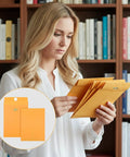 Person examining 200 Pack 5 By 7 Inch Clasp Manila Envelopes With Gummed Closure 28 Lb Paper Yellow Office Mailer Envelopes