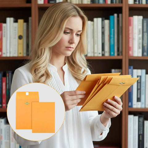 Person examining 200 Pack 5 By 7 Inch Clasp Manila Envelopes With Gummed Closure 28 Lb Paper Yellow Office Mailer Envelopes