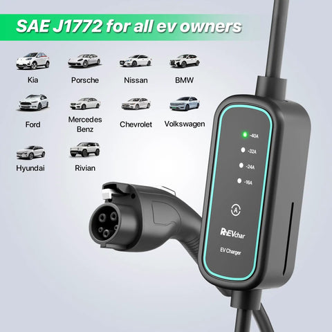 SAE J1772 connector of 40A Level 2 EV Charger With J1772 Connector Portable Mobile Electric Vehicle Charger 16 40A Adjustable NEMA 14 50 Plug 25ft Cable 240V Nine Point Six Kilowatts Fast Charging On The Go with LED indicators.