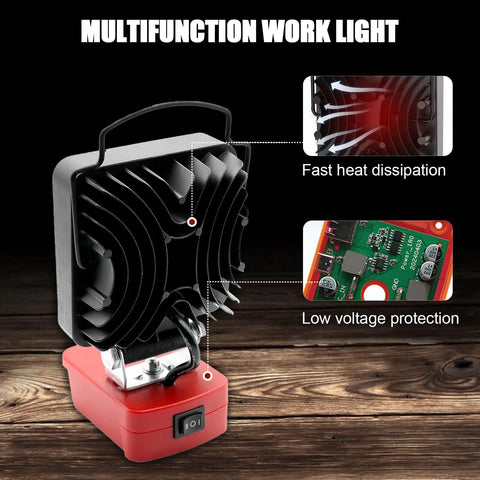 Back view of Cordless LED Work Light With 6000 Lumen Output And 38W Power showing heat dissipation feature and low voltage protection.