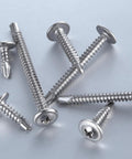 Number Eight Truss Head Self Tapping Screws For Sheet Metal 410 Stainless Steel Fasteners One Half Inch, assorted angles on polished screws.