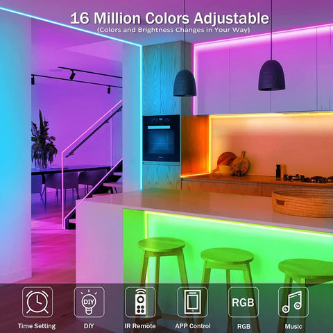 Colorful kitchen and dining area with 50 Feet LED Strip Lights With App And Remote Control Music Sync RGB Color Changing 16 Million Colors
