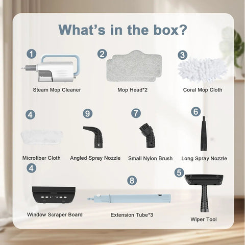 What's in the box for the Tough Six In One Rotary Steam Mop With Dual Heat Settings And A Long Twenty Three Foot Cord.