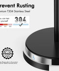 Close-up of Freestanding Matte Black Toilet Paper Holder Stand base highlighting rustproof SUS304 stainless steel material.