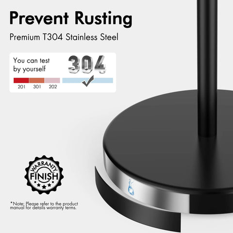 Close-up of Freestanding Matte Black Toilet Paper Holder Stand base highlighting rustproof SUS304 stainless steel material.
