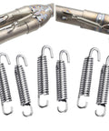 Six stainless steel 65mm motorcycle exhaust pipe springs with U-shaped hooks for mufflers, silver.