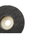 Close-up of 4 Inch Gray Nylon Fiber Polishing Wheel with 16mm Bore for metal prep grinding and buffing.