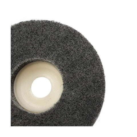 Close-up of 4 Inch Gray Nylon Fiber Polishing Wheel with 16mm Bore for metal prep grinding and buffing.