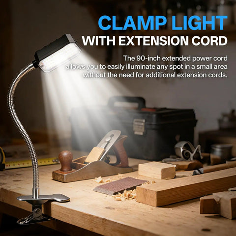 Beastly Bright Clamp Lamp With 2000 Lumens, 20W LED Sewing Machine Work Light illuminating a workshop surface with tools.