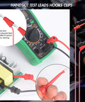 Heavy Duty Electrical Multimeter Test Leads Kit with alligator clips and banana plugs, 1000V CAT II, connecting to circuit board.