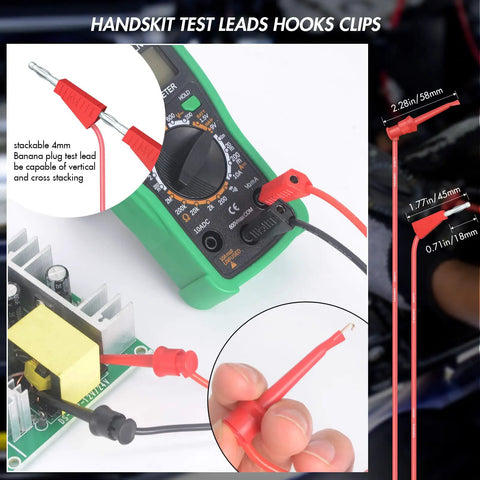Heavy Duty Electrical Multimeter Test Leads Kit with alligator clips and banana plugs, 1000V CAT II, connecting to circuit board.