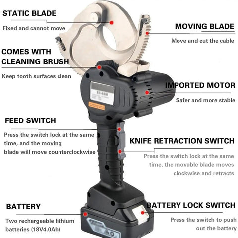 Rechargeable Ratchet Cable Cutter For Copper And Aluminum Wires And Armored Cables Up To 95mm Electric Wire Cutting Tool features and parts labeled