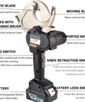 Beast Mode Rechargeable Ratchet Cable Cutter with switches, moving blade, battery, and static blade for copper, aluminum, and armored cables.