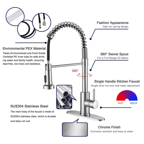 Chrome Kitchen Faucet With Pull Out Sprayer, Commercial Spring Design, SUS304 Stainless Steel, 360 Degree Swivel