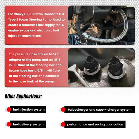 25 Inch AN6 Power Steering Pump Hose Fitting Kit for Chevy C10 LS Swap connects GM Type 2 with aluminum fittings and braided hose