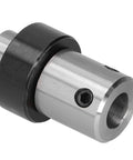 Close-up of MT2 annular cutter arbor with 3/4 in Weldon shank, black collar and silver end