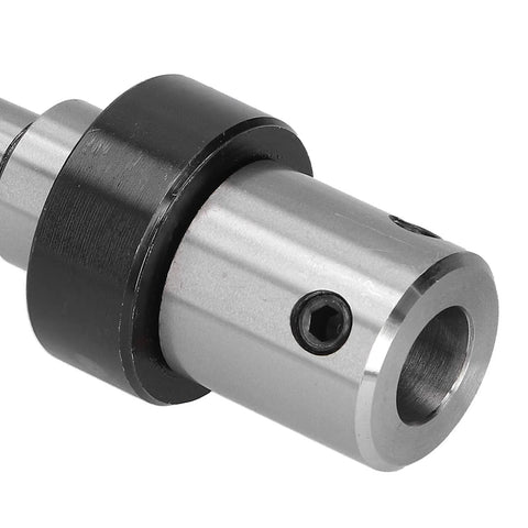 Drill sleeve adapter with Morse taper MT2, internal cooling, silver body and black collar, close-up view