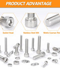 Beefy Heavy Duty 448 Pcs Metric Hex Bolt And Nut Assortment Set M5 M6 M8 Stainless Steel With Flat And Lock Washers Includes Hex Socket Cap Screws Nuts And Bolts For Marine Automotive And DIY Projects